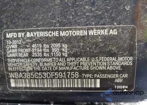 2013 BMW 328I xDrive из США, поврежденный, VIN WBA3B5C53DF591758